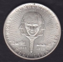 1973 YILI 50 LİRA TÜRKİYE CUMHURİYETİ 50. YIL GÜMÜŞ ÇİLALTI ÇİL