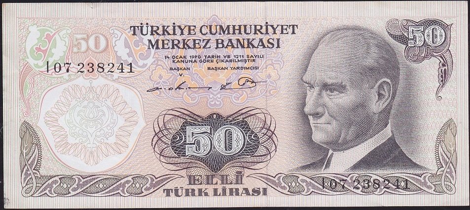 6.Emisyon 1.Tertip 50 Lira I07 238241 Çok Temiz+