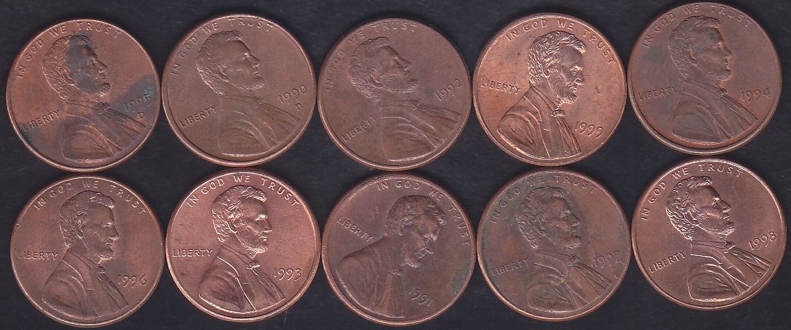 AMERİKA 1 CENT 1990-91-92-93-94-95-96-97-98-99 YILLARI 10 ADET  LOT