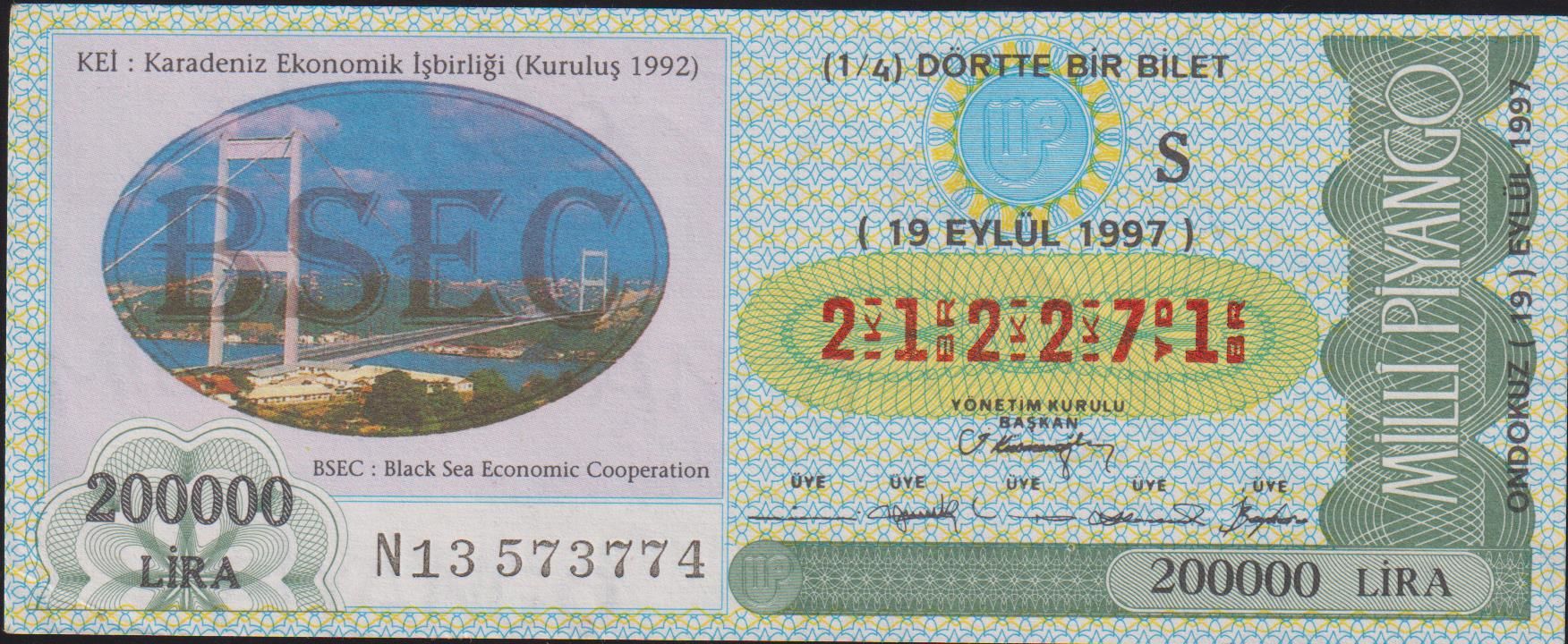 1997 19 Eylül Çeyrek Bilet - S Serisi