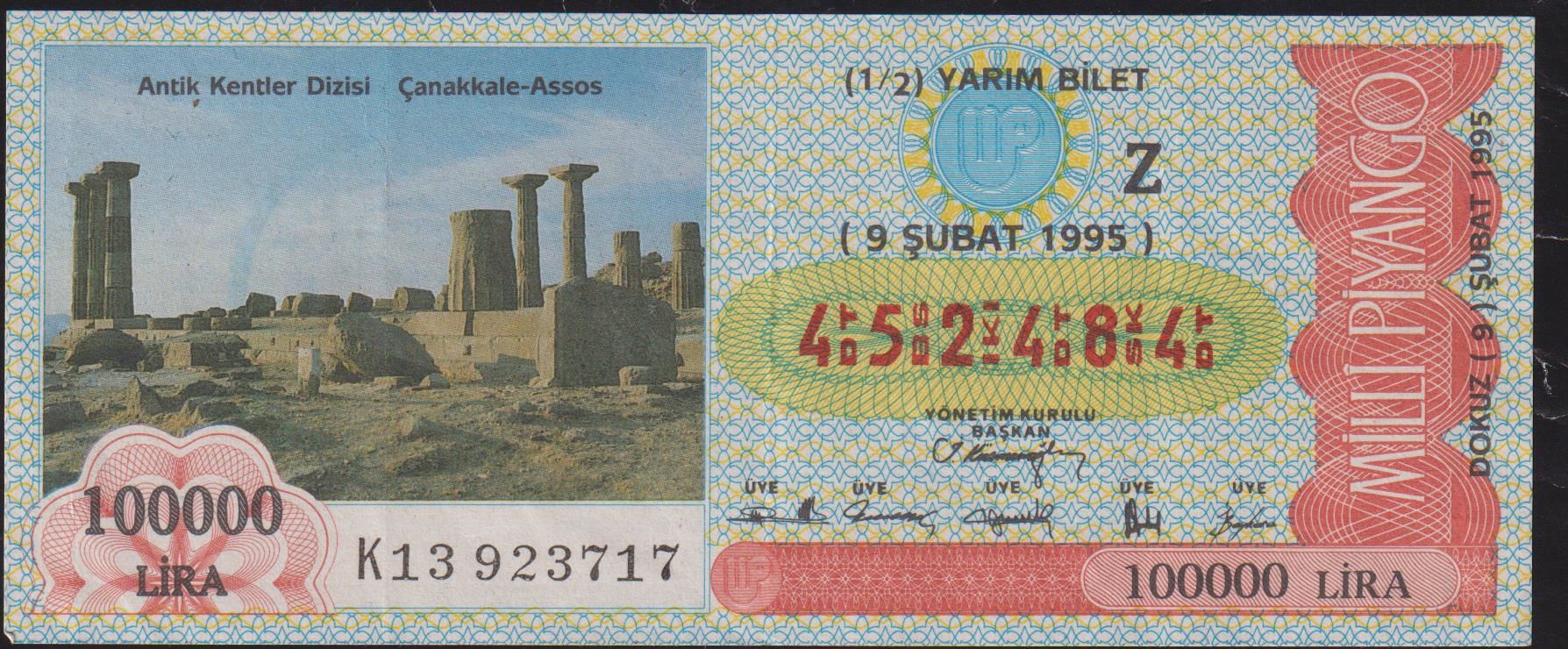 1995 9 Şubat Yarım Bilet - Z Serisi - Çanakkale Assos