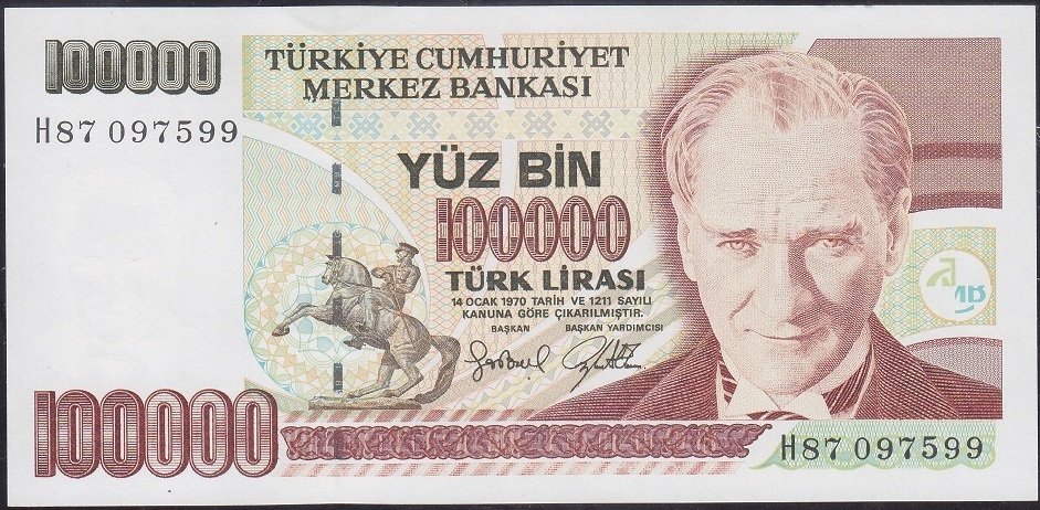 7.Emisyon 3.Tertip 100000 Lira H87 097599 Çilaltı