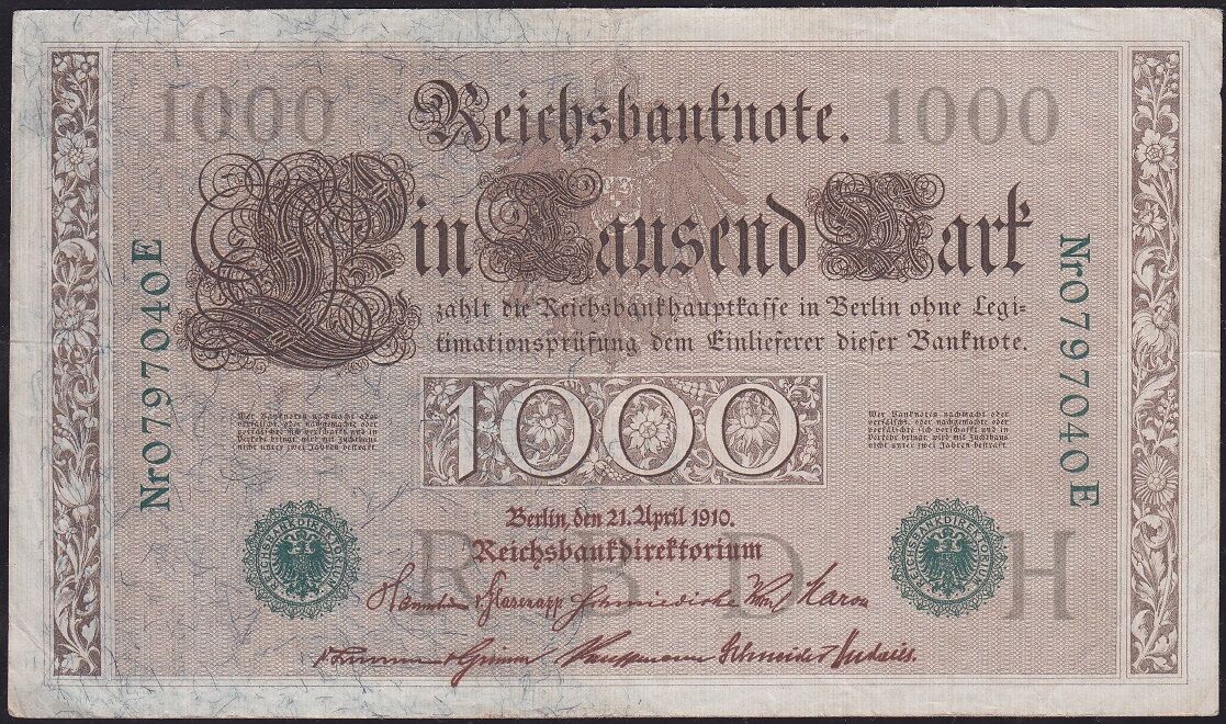 Almanya 1000 Mark 1910 Çok Temiz+ ( Yeşil Mühür )