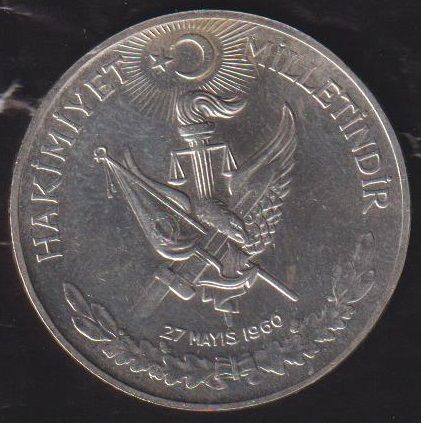 1960 Yılı 10 Lira - Hakimiyet Milletindir İhtilal Gümüş ( 15 Gram ) Temizlenmiş