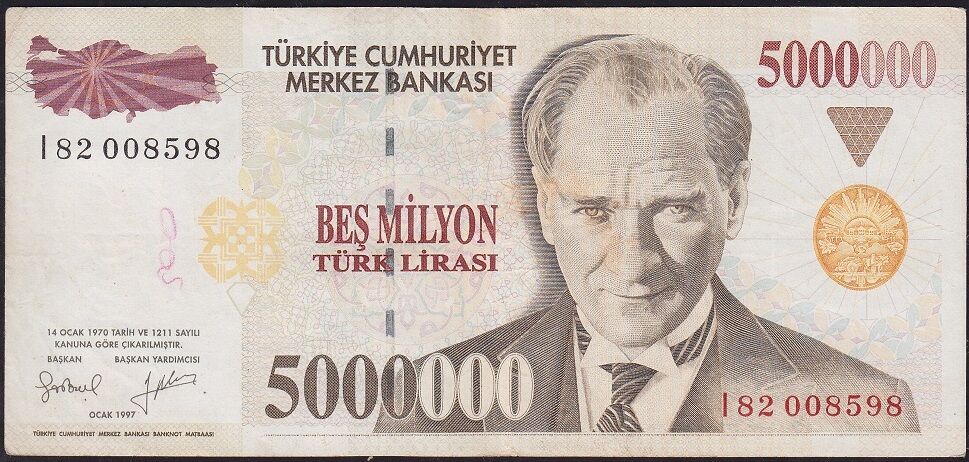 7.Emisyon 5 000 000 Lira I82 008598 Çok Temiz+