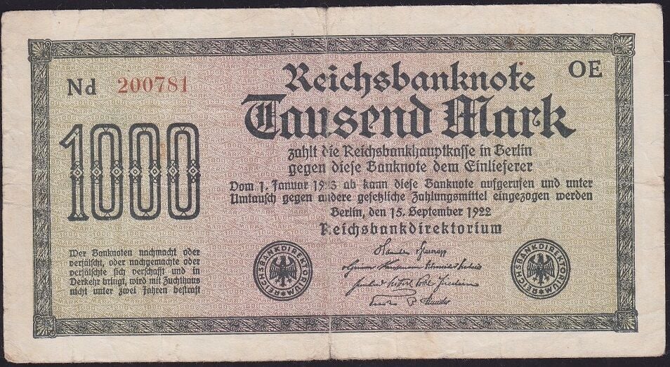 Almanya 1000 Mark 1922 Çok Temiz