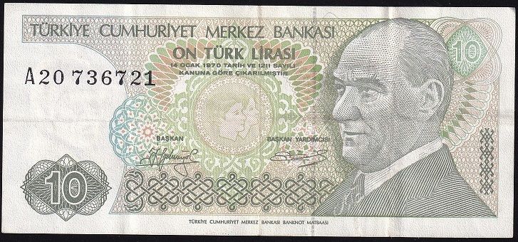 7.Emisyon 1.Tertip 10 Lira A20 736721 Çok Temiz+