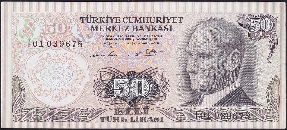 6.Emisyon 1.Tertip 50 Lira I01 039678 Çok Temiz+