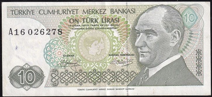 7.Emisyon 1.Tertip 10 Lira A16 026278 Ççt Çilaltı