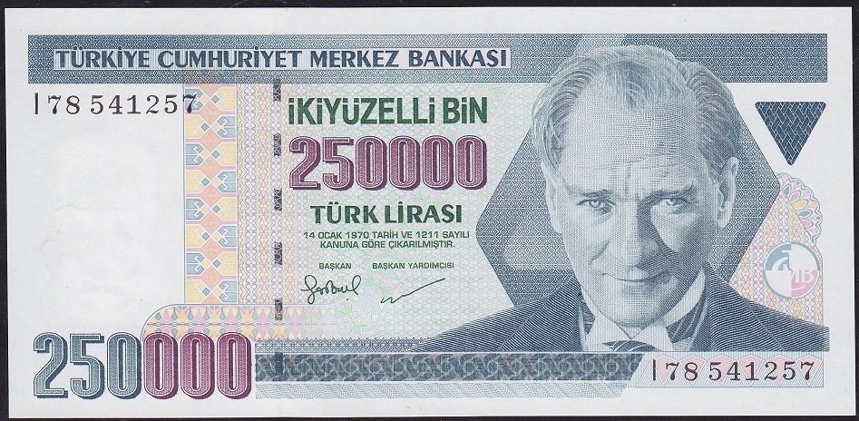 7.Emisyon 3.Tertip 250000 Lira I78 541257 Çilaltı Çil ( Bandrol baskı izi var )