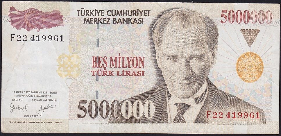 7.Emisyon 5 000 000 Lira F22 419961 Çok Temiz+