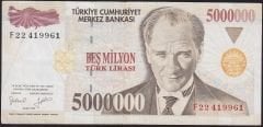 7.Emisyon 5 000 000 Lira F22 419961 Çok Temiz+