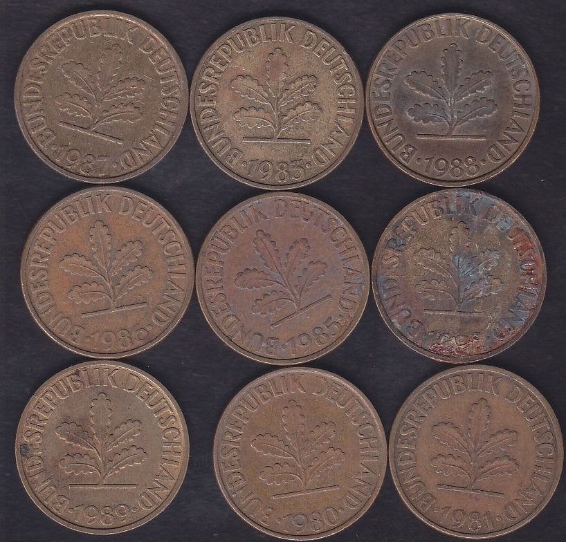 ALMANYA 10 FENİK 1980-81-82-83-85-86-87-88-89 YILLARI 9'LU  LOT