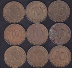 ALMANYA 10 FENİK 1980-81-82-83-85-86-87-88-89 YILLARI 9'LU  LOT