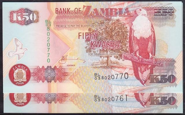 ZAMBİA 50 KWACHA 2008 ÇİL 10 ADET SERİ TAKİPLİ