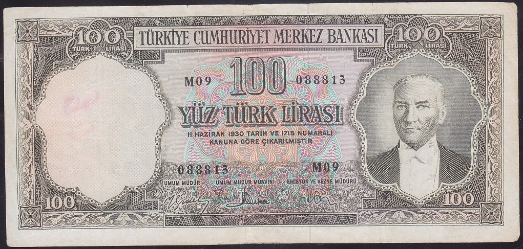 5.EMİSYON 3.TERTİP 100 LİRA M09 088813 ÇOK TEMİZ ( DÜZLEME VAR ) eski para