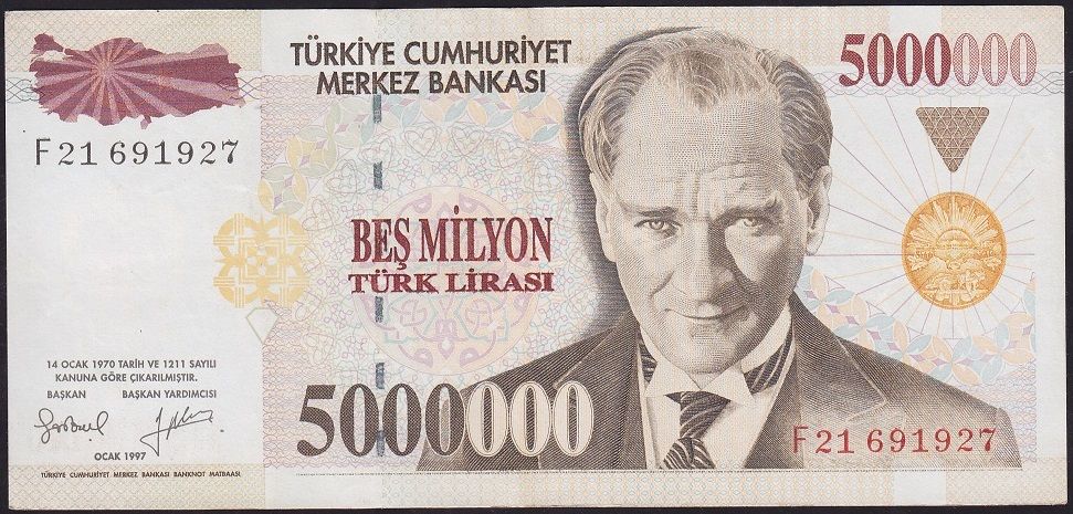 7.Emisyon 5 000 000 Lira F21 691927 Çok Temiz+