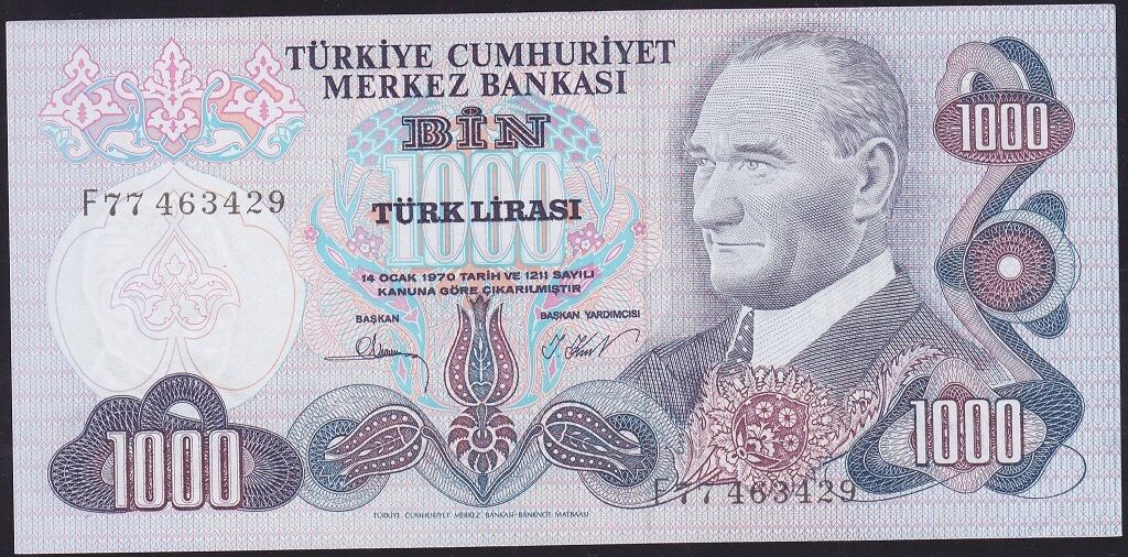 6.Emisyon 3.Tertip 1000 Lira F77 463429 Çilaltı Çil