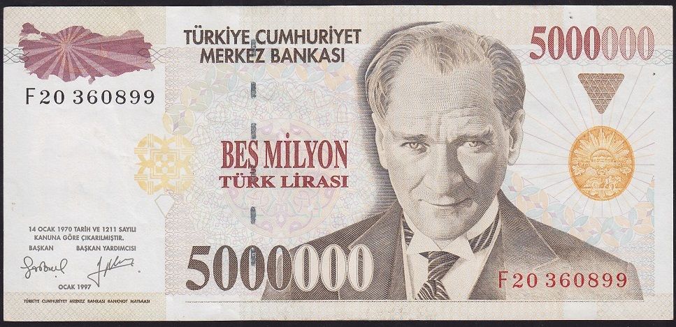 7.Emisyon 5 000 000 Lira F20 360899 Çok Temiz+