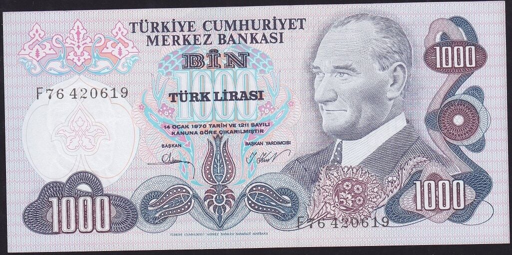 6.Emisyon 3.Tertip 1000 Lira F76 420619 Çilaltı