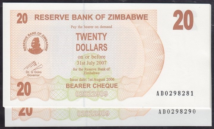 ZİMBABWE 20 DOLAR 2007 ÇİL - 10 ADET SERİ TAKİPLİ