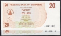 ZİMBABWE 20 DOLAR 2007 ÇİL - 10 ADET SERİ TAKİPLİ