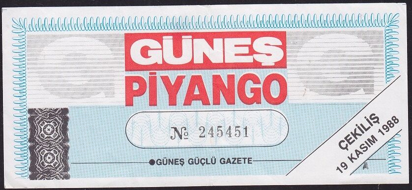 Güneş Eşya Piyango Bileti 19 Kasım 1988