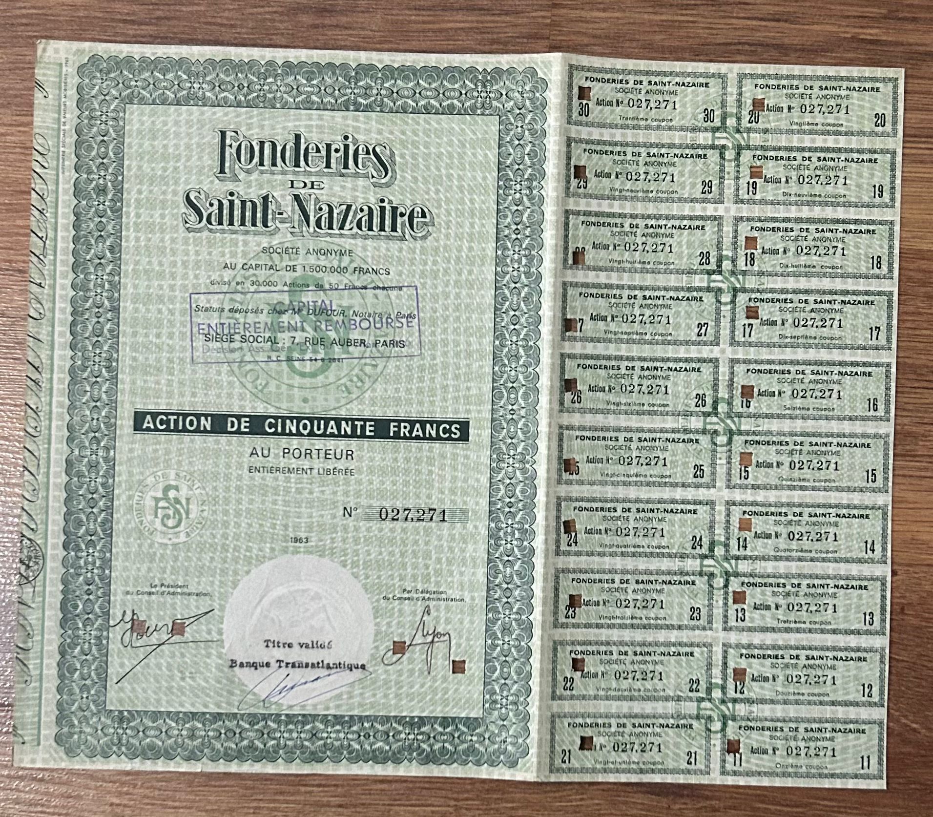 Hisse Senedi - Fonderies Saint Nazaire 1963 ( 33 X 27 cm )