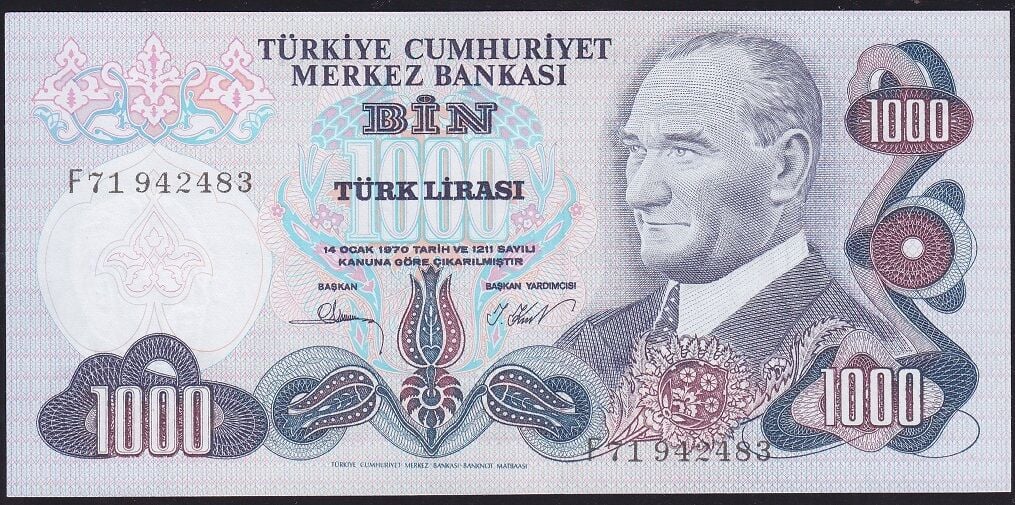 6.Emisyon 3.Tertip 1000 Lira F71 942483 Çok Çok Temiz+