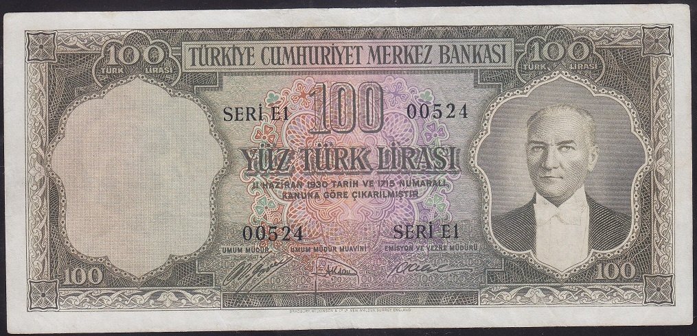 5.EMİSYON 1.TERTİP 100 LİRA E1 00524 ÇOK TEMİZ