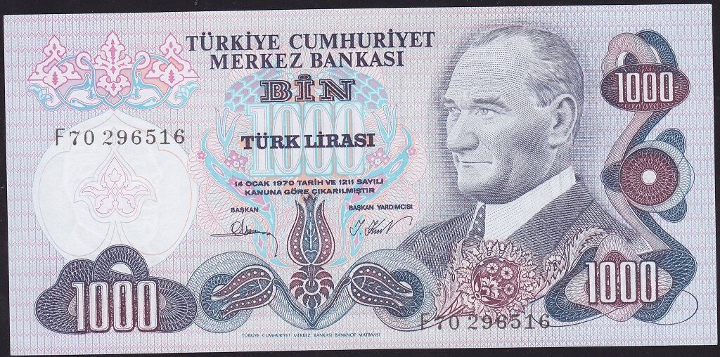 6.Emisyon 3.Tertip 1000 Lira F70 296516 Ççt Çilaltı