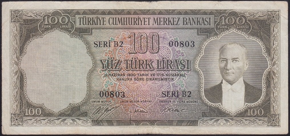 5.EMİSYON 1.TERTİP 100 LİRA B2 00803 ÇOK TEMİZ