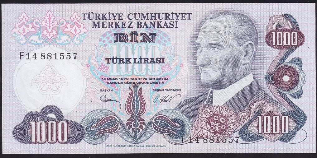 6.Emisyon 3.Tertip 1000 Lira F14 881557 Çilaltı