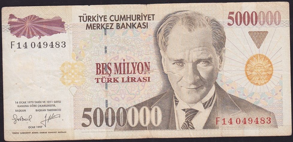 7.Emisyon 5 000 000 Lira F14 049483 Çok Temiz