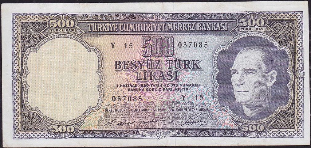 5.Emisyon 4.Tertip 500 Lira Y15 037085 Çok Temiz+