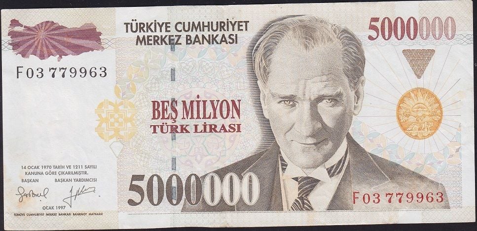 7.Emisyon 5 000 000 Lira F03 779963 Çok Temiz+