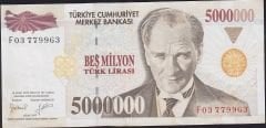 7.Emisyon 5 000 000 Lira F03 779963 Çok Temiz+