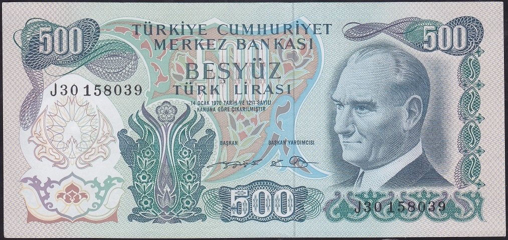 6.EMİSYON 2.TERTİP 500 LİRA J30 158039 ÇÇT ÇİLALTI eski para alan yerler