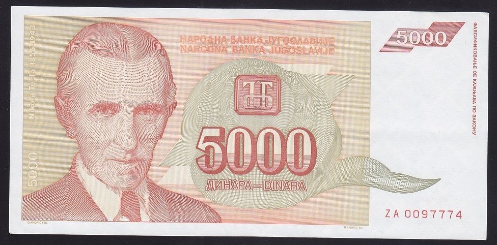 YUGOSLAVYA 5000 DİNAR 1993 ÇÇT - ÇİLALTI --  ZA SERİSİ