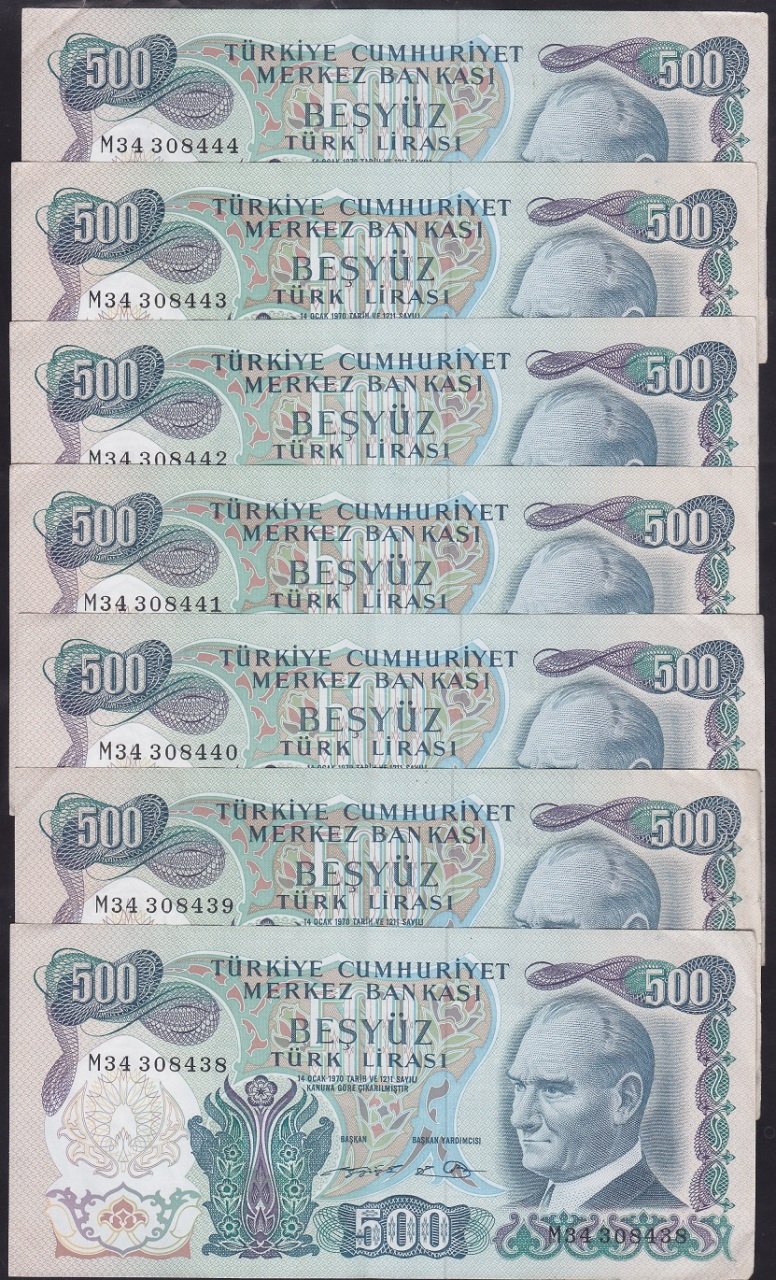 6.EMİSYON 2.TERTİP 500 LİRA M34 308438-439-440-441-442-443-444 ÇÇT  ÇİLALTI SERİ TAKİPLİ 7 ADET