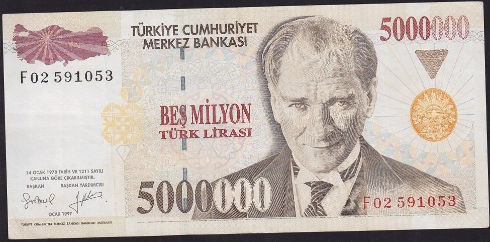 7.Emisyon 5 000 000 Lira F02 591053 Çok Temiz+