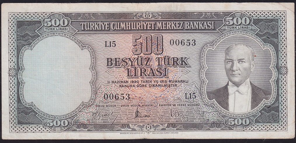 5.Emisyon 2.Tertip 500 Lira L15 00653 Çok Temiz ( Düzeltme var )