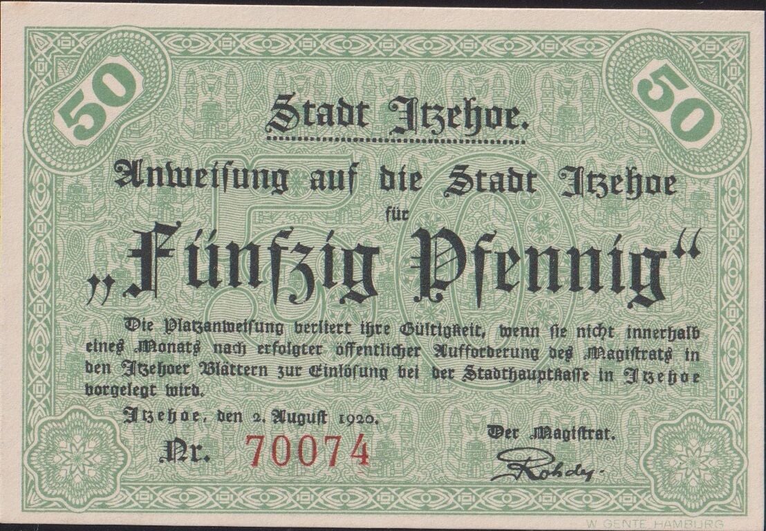 Almanya 50 Pfennig Notgeld 1920 Çil Filigranlı
