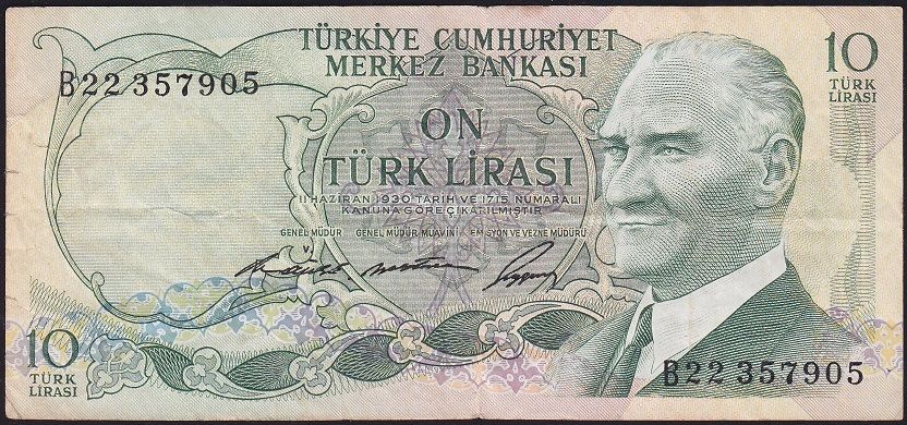 6.Emisyon 1.Tertip 10 Lira B22 357905 Çok Temiz