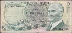 6.Emisyon 1.Tertip 10 Lira B22 357905 Çok Temiz