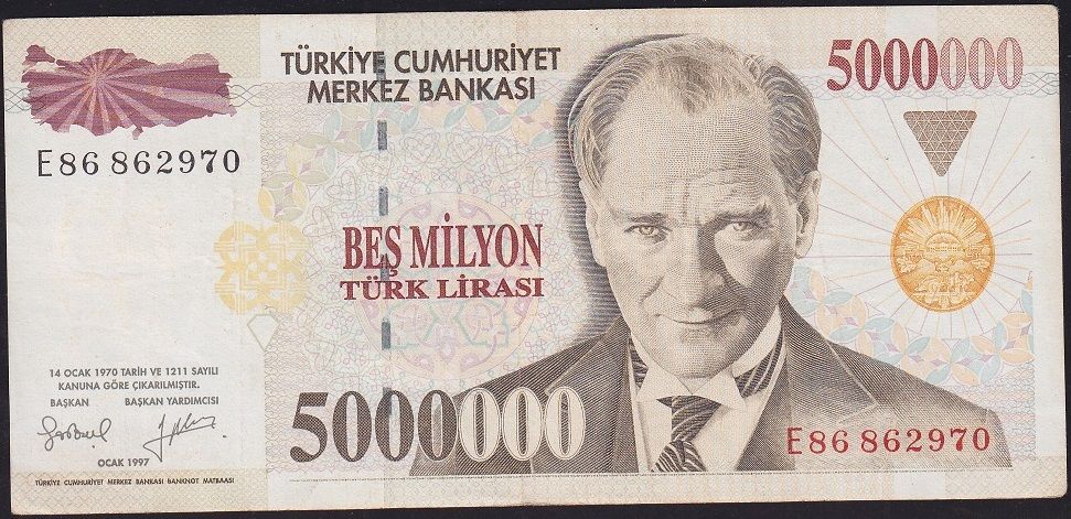 7.Emisyon 5 000 000 Lira E86 862970 Çok Temiz+
