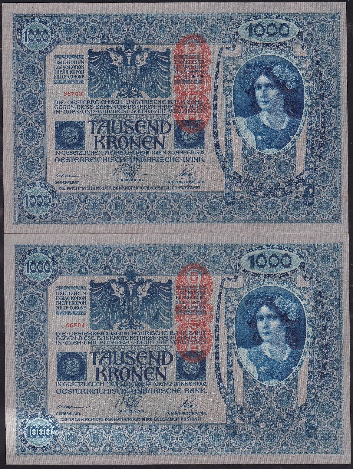 Avusturya Macaristan 1000 Korona 1902 Çil Seri Takipli 2 adet