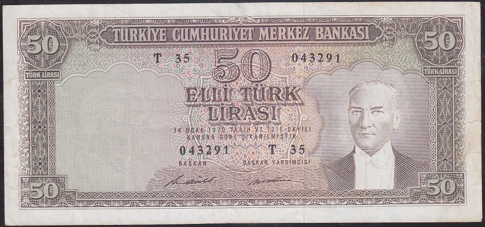 5.EMİSYON 7.TERTİP 50 LİRA T35 043291 ÇOK TEMİZ