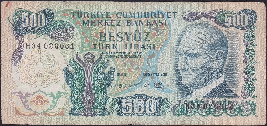 6.EMİSYON 2.TERTİP 500 LİRA H34 026061 HALİYLE eski kağıt para değerleri