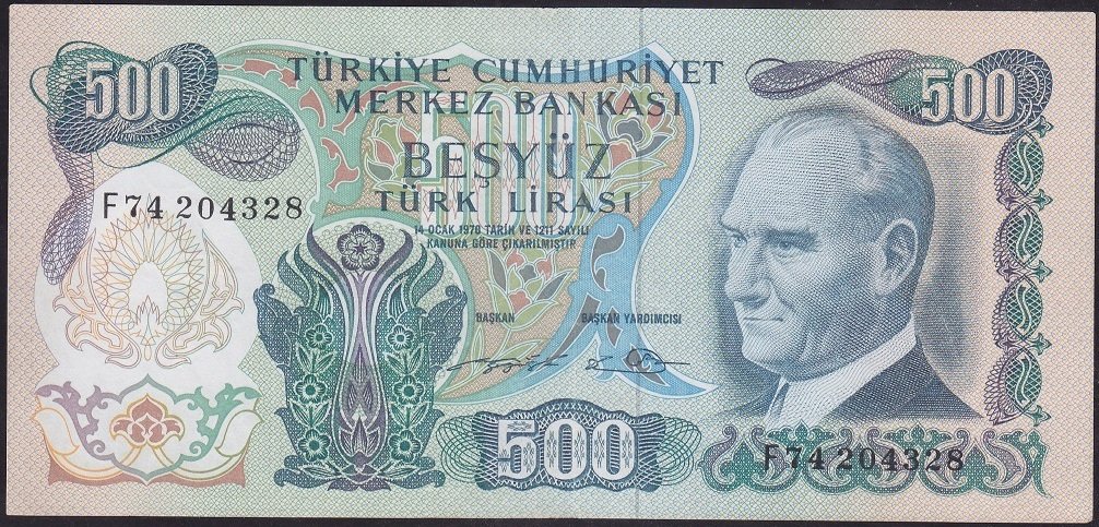 6.Emisyon 2.Tertip 500 Lira F74 204328 Ççt Çilaltı ( Düzlenmiş )